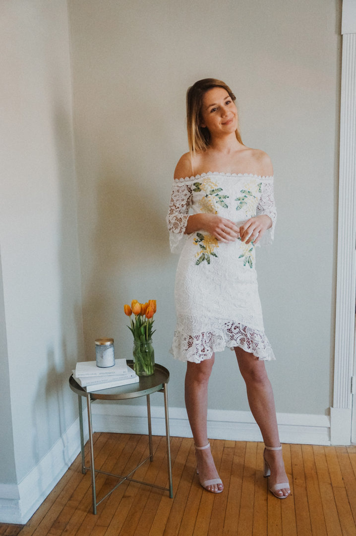 Off-The-Shoulder Floral Lace Midi Dress