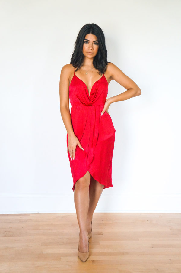 Bridesmaid's Guide to Rehearsal Dinner Red Satin V-Neck Midi. 