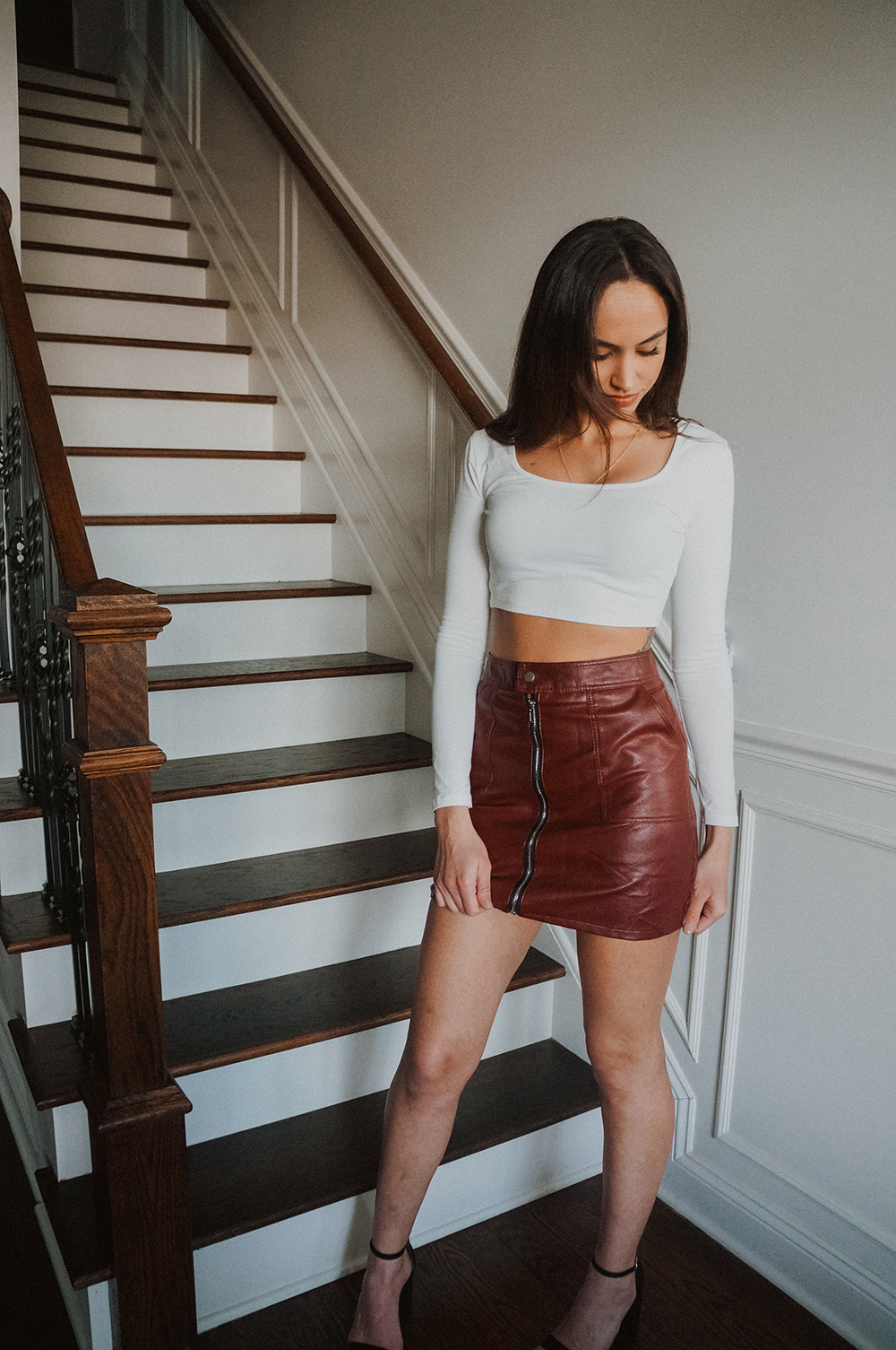 Front Zipper Faux Leather Skirt