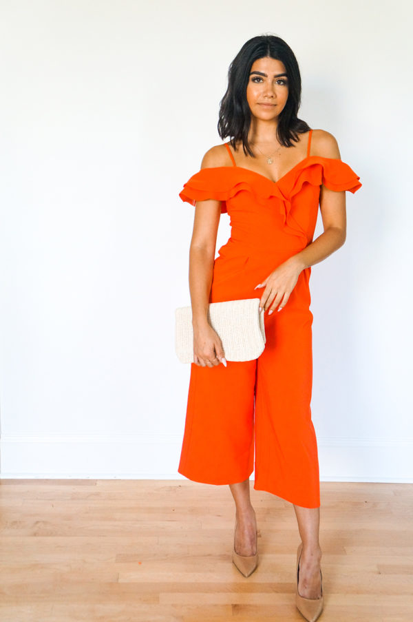 Bridesmaid's Guide to Rehearsal Dinner Ruffled Off Shoulder Midi Jumpsuit