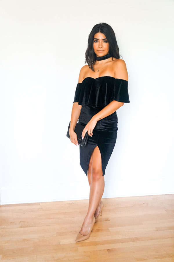 Velvet Off-The-Shoulders Choker Dress