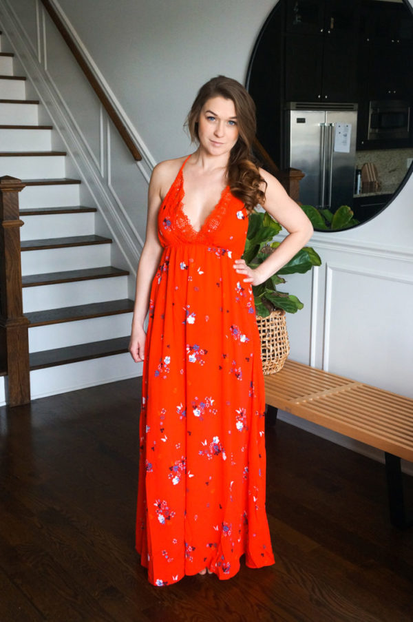 Bump Friendly Dresses For A Shower, Red floral maxi dress with crochet details
