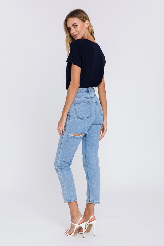 Straight fit denim with an under the butt slit