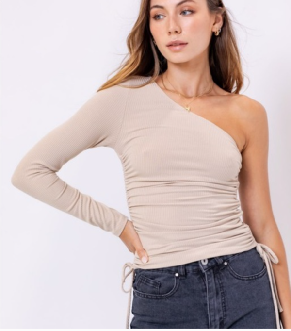 Tan One Shoulder Side Ruched Top