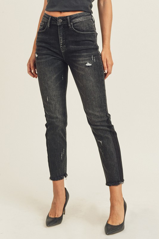 Black Distressed High-Rise Straight Fit Jeans