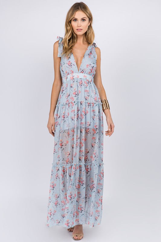 Baby Blue Floral Deep V-neck Flowing Maxi Dress