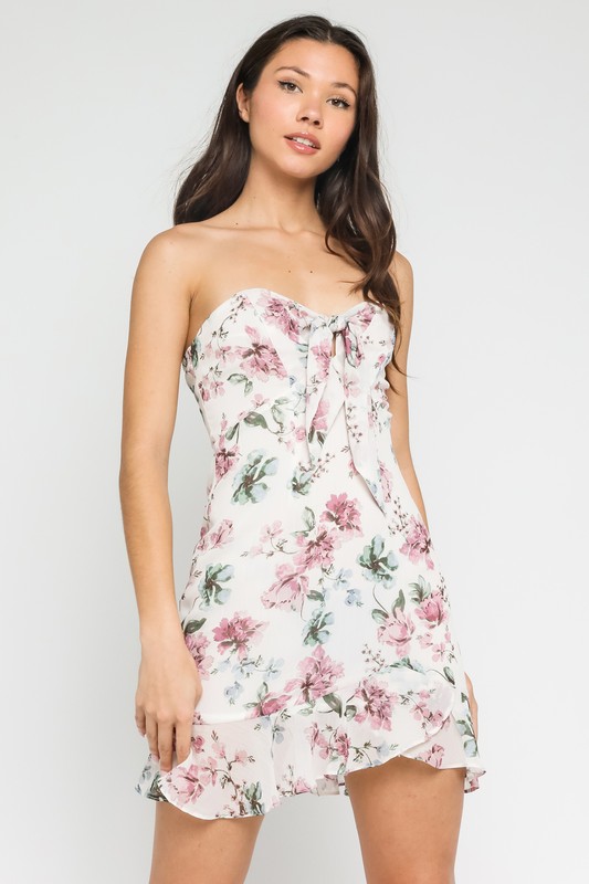 White Floral Print Strapless Tie-Front Mini