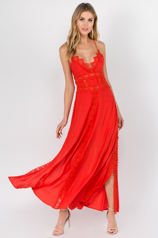 Red Lace Trim Backless Maxi Dress