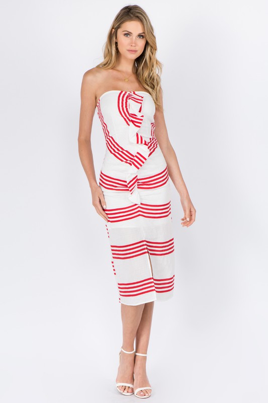Summer boat party white and red striped midi tube dress 