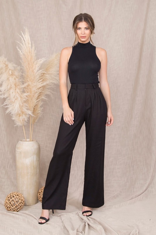 Black High-Waisted Linen-Like Wide-Leg Pants