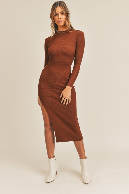 Long Sleeve Midi Sweater Dress With High Side Slit