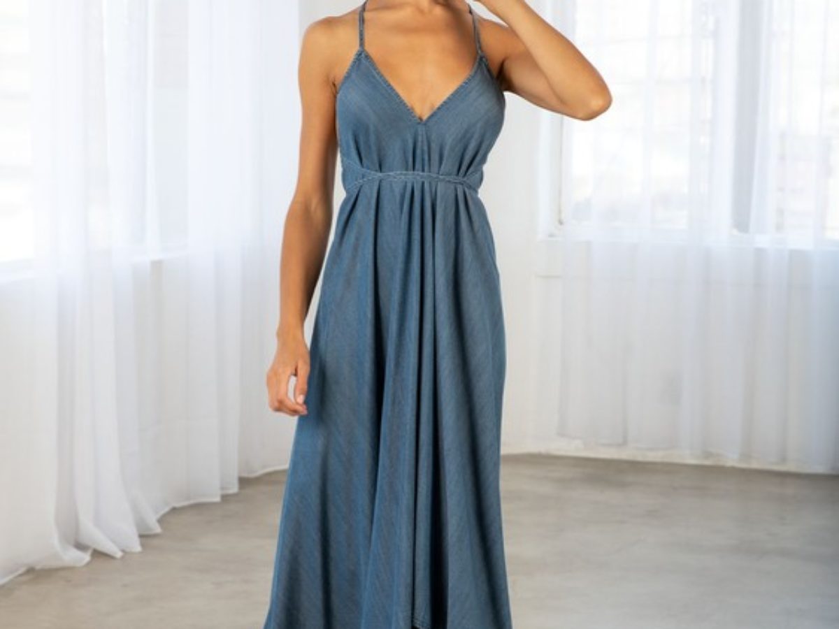 ワンピース herlipto Tencel Denim Long Dress M Denim Halter Maxi Dress - Minit Fashion