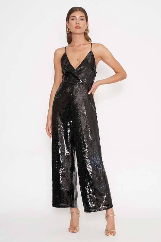 Loose Pant Sequin Jumpsuit: in black color with a v-neck