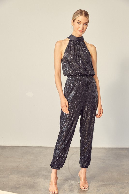 Black Sequin Jogger Jumpsuit with a high neck