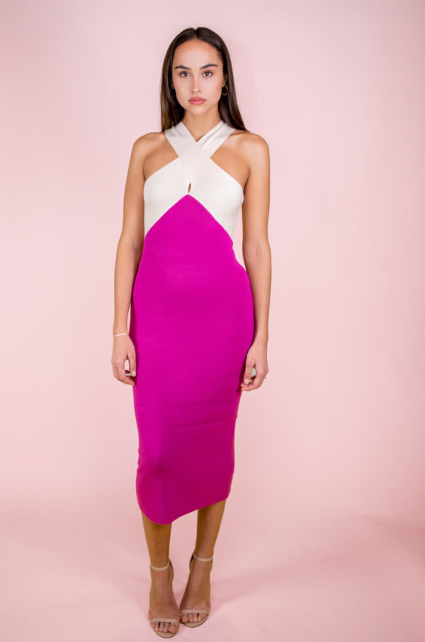 Bridesmaid's Guide to Rehearsal Dinner Pink Halter Keyhole Cross Neck With Ribbed Two Tone Sweater Dress 