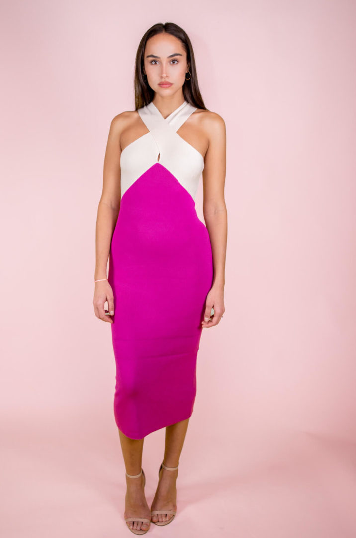 Pink Halter Keyhole Cross Neck With Ribbed Two Tone Sweater Dress