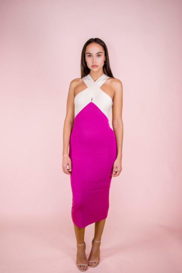 Pink Halter Keyhole Cross Neck With Ribbed Two Tone Sweater Dress