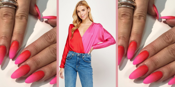 Trendy Valentines Day Nails Red and Pink Ombre Nails With A Colorblock Bodysuit