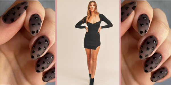 Black sweetheart neckline sweater dress ans matte nail with heart valentines day pattern