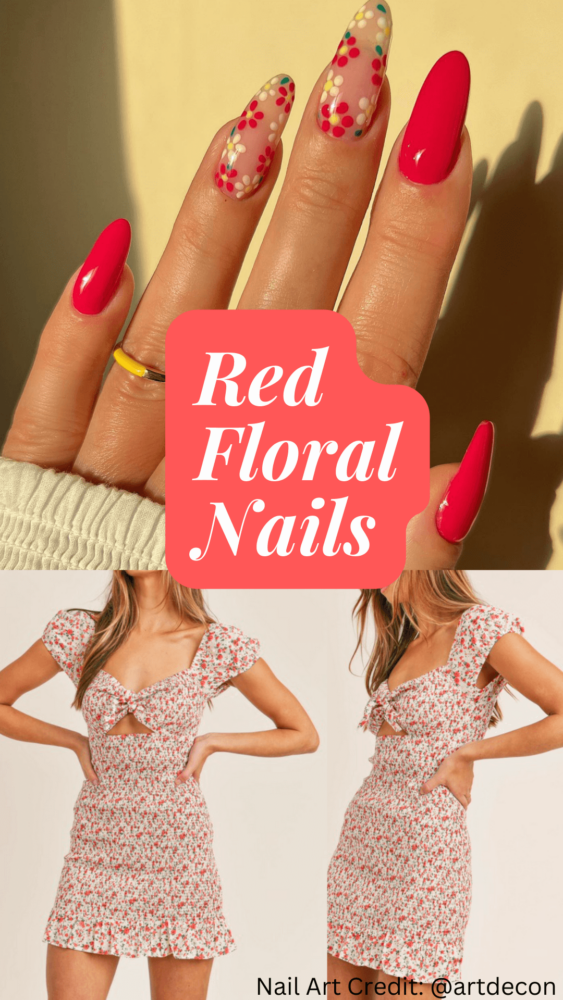 cherry red nails with flowers