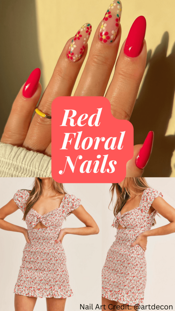 Spring nail design ideas: cherry red nails with flowers