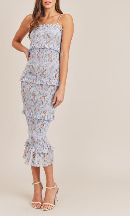 2023 Kentucky Derby Outfits: Smocked blue floral midi dress