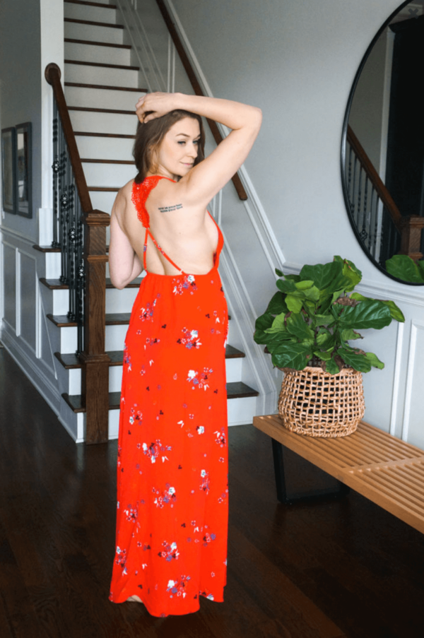Red floral maxi dress with crochet details and an open back