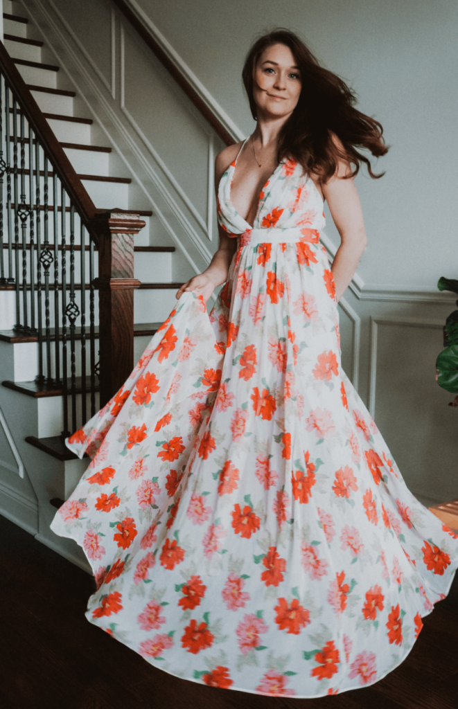 What to wear to easter: Flowy White maxi with red floral design