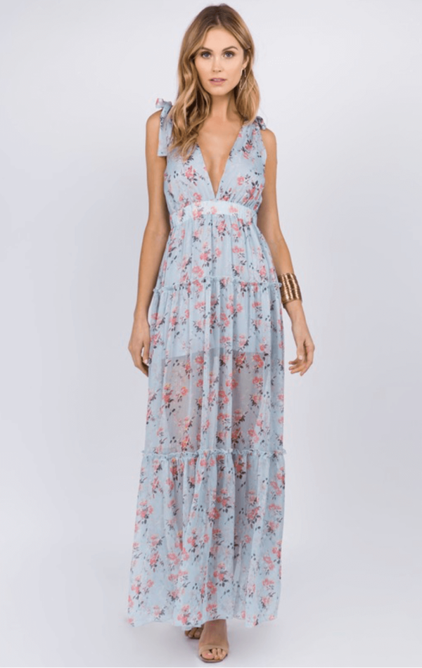 What to wear to easter: deep-v blue floral maxi dress