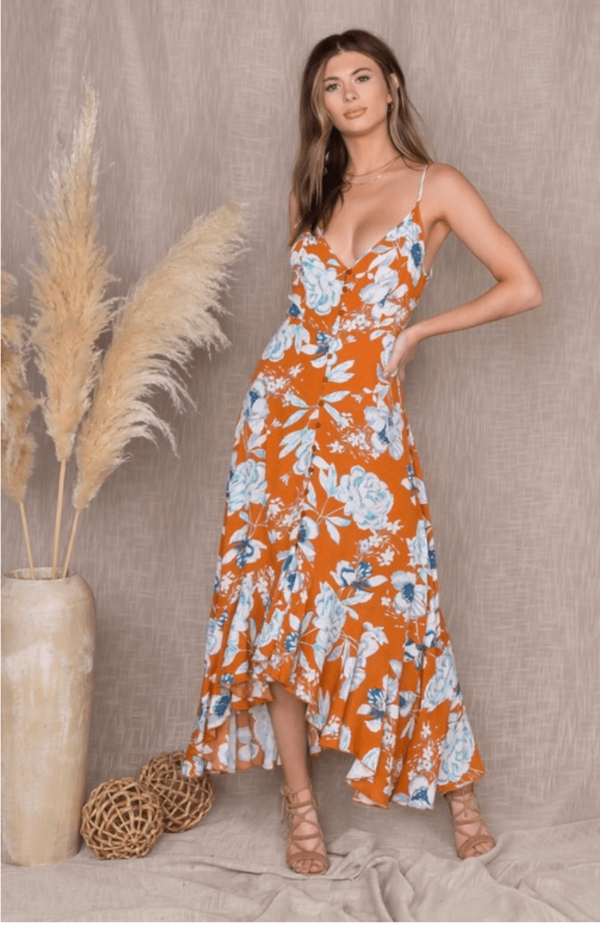 What to wear to easter: boho orange floral maxi dress with ruffled hem and front buttons