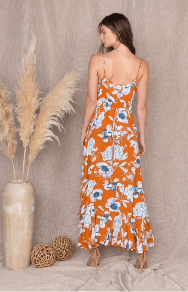 Orange floral maxi with front buttins and tied waist