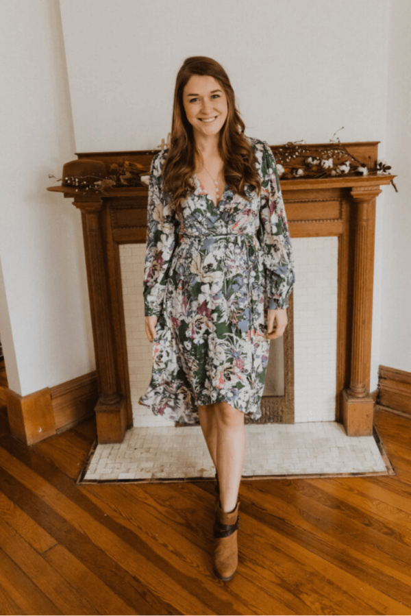 What to wear to easter: green long sleeve floral wrap midi dress