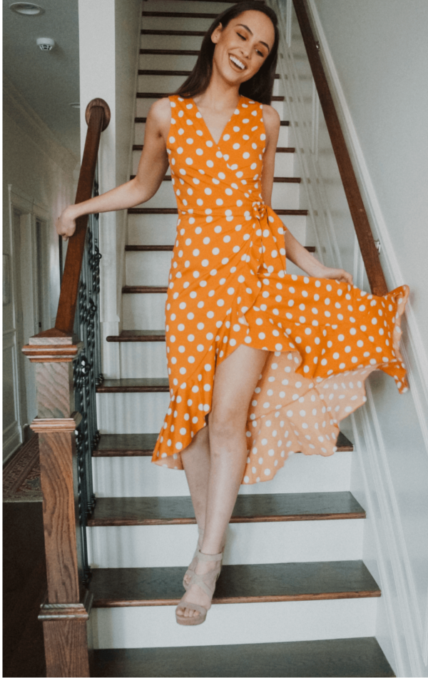 What to wear to easter: Orange white polka dot wrap dress