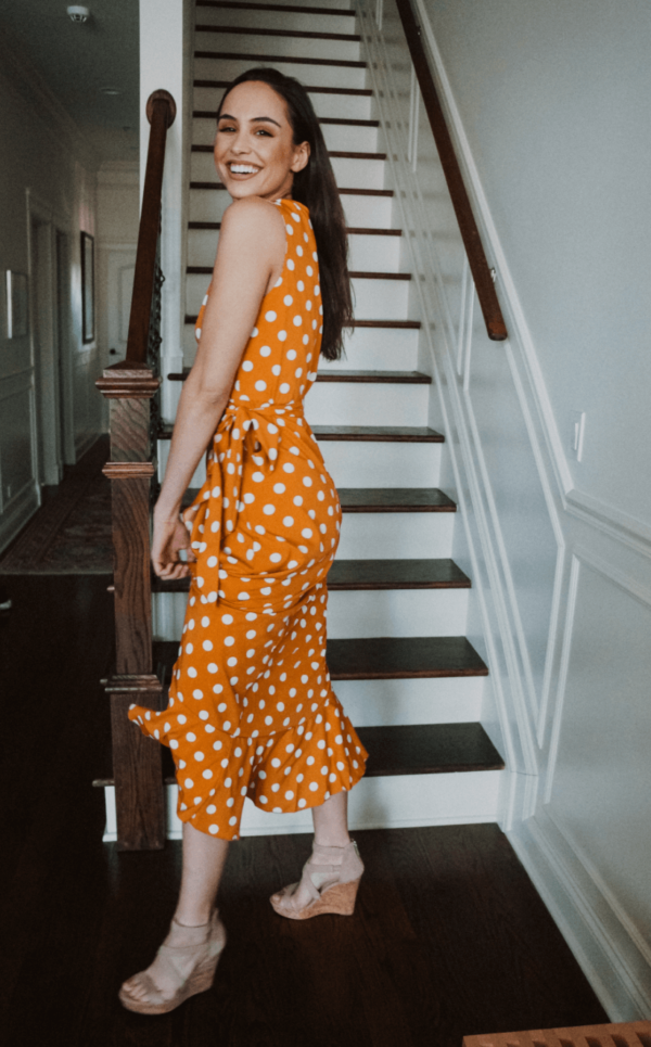 Yellow polka dot midi wrap dress