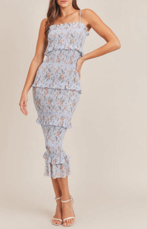 What to wear to easter: Light blue floral smocked midi dress