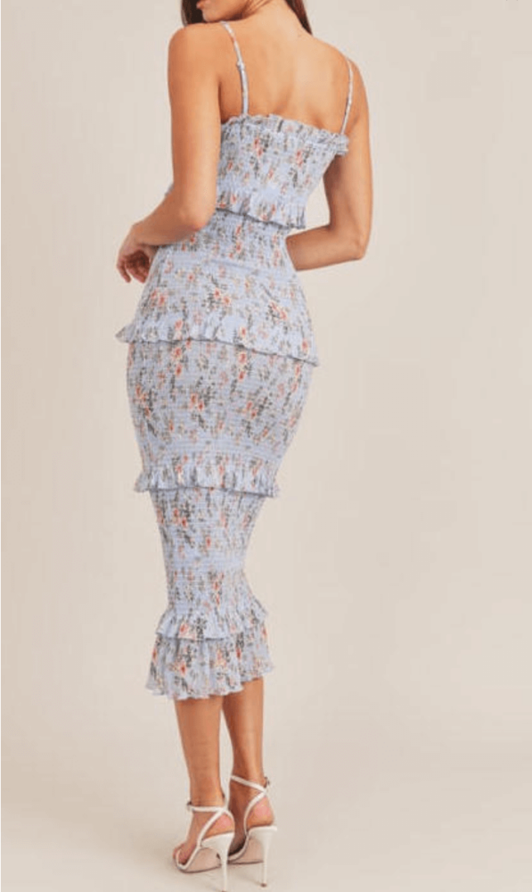 Floral smocked midi dress with ruffles