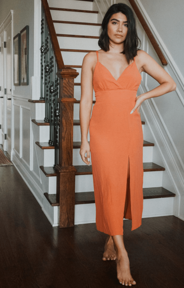 What to wear to easter: Burnt orange linen midi slip dress with a side slit