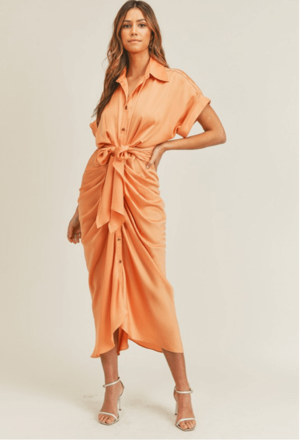 What to wear to easter: Pastel peach midi shirt dress with a button up front and a collar