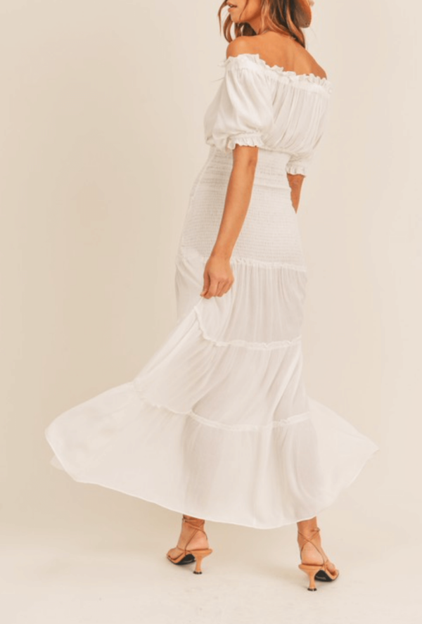 White linen off-the-shoulder maxi dress
