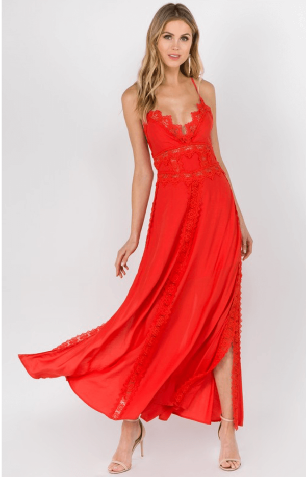 Red maxi dress with side slits, v-neck and lace trim
