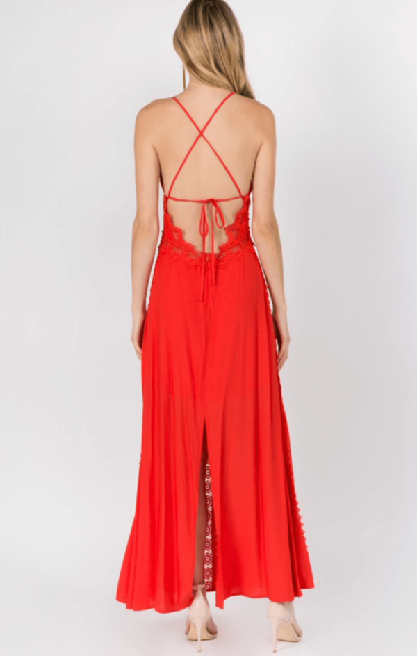 Red flowy maxi dress with corchet details and an open back