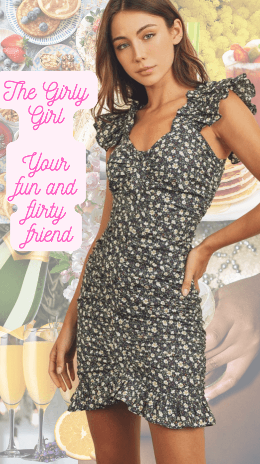 Girls brunch outfit 2023: Girly girl outfit, floral ruffled mini dress