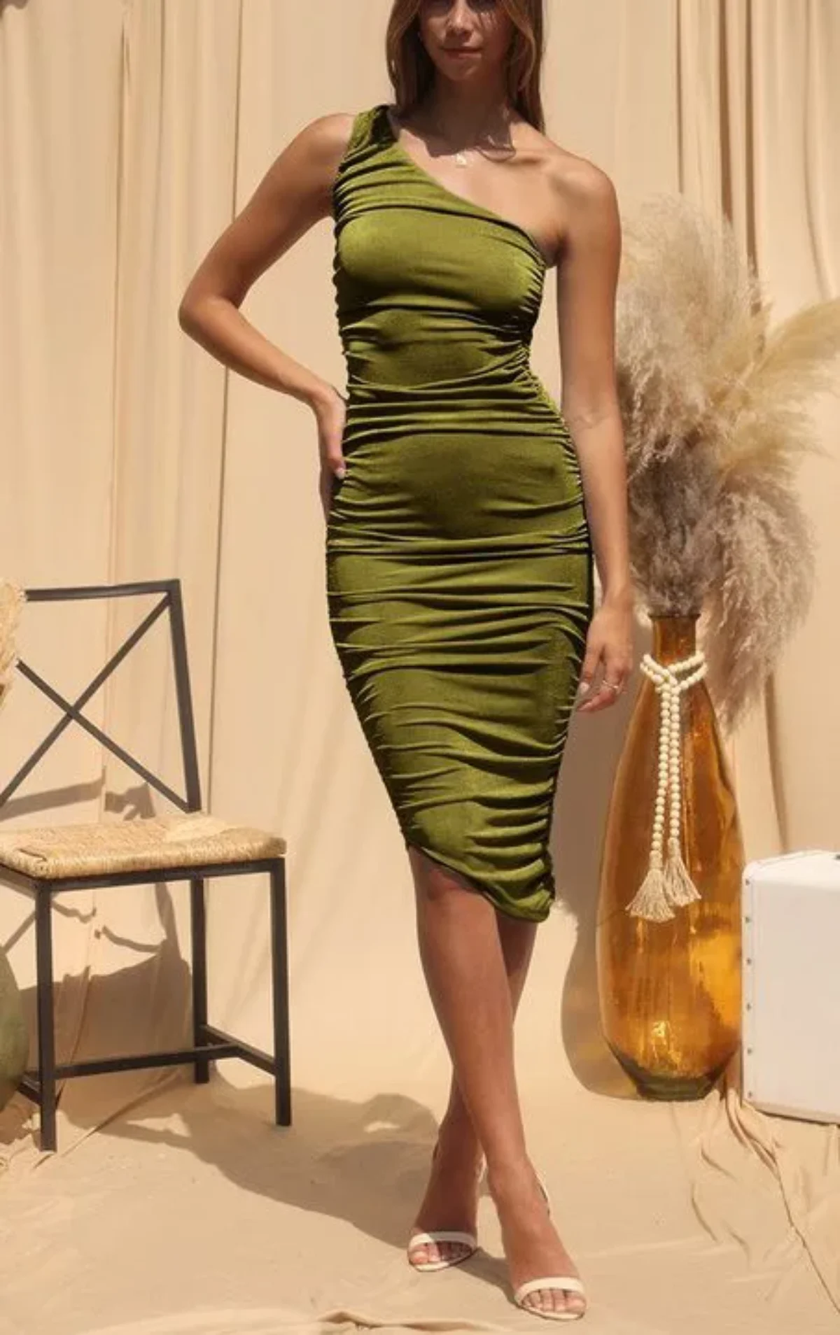 Diana- Olive Ruched One-Shoulder Bodycon Midi Dress Diana- Olive Ruched One-Shoulder Bodycon Midi Dress