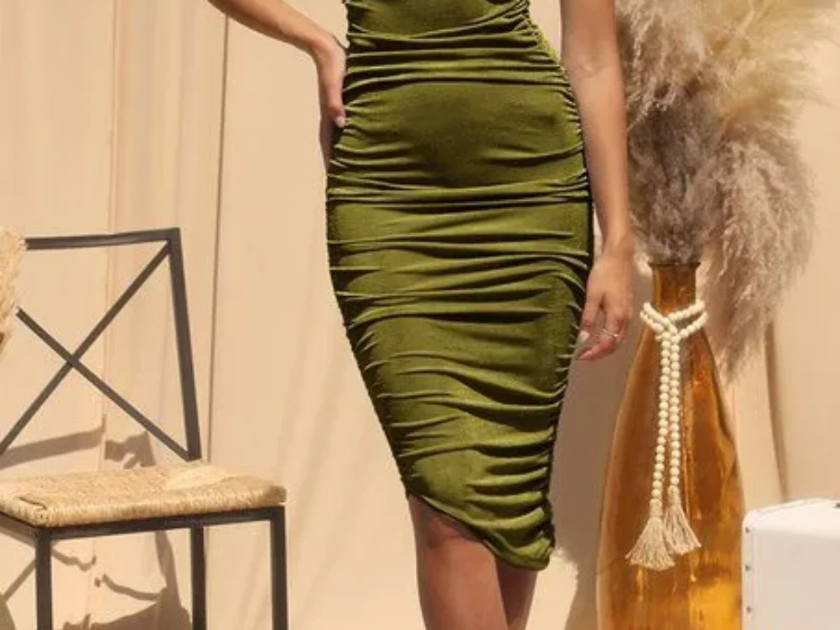 Olive Ruched One-Shoulder Dress - Minit Fashion