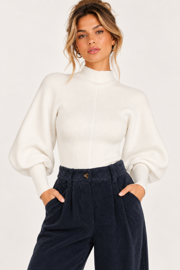 Front view of white ribbed mock neck sweater with balloon sleeves and a center seam.