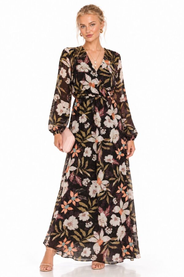 Front view of black floral maxi dress with long sleeves, a draped V-neckline and an elastic waist.