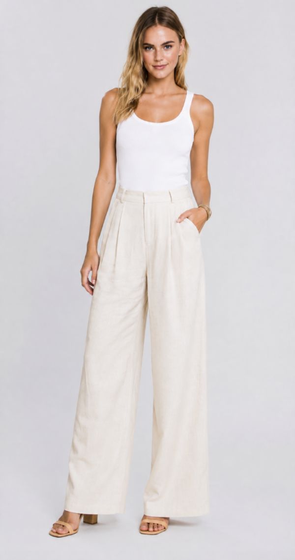 Cream Linen-Look High Waist Wide Leg Trousers, Women's Tailored Business Casual Pants