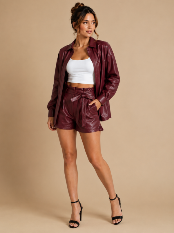 Cherry Red Faux Leather High-Waisted Belted Shorts