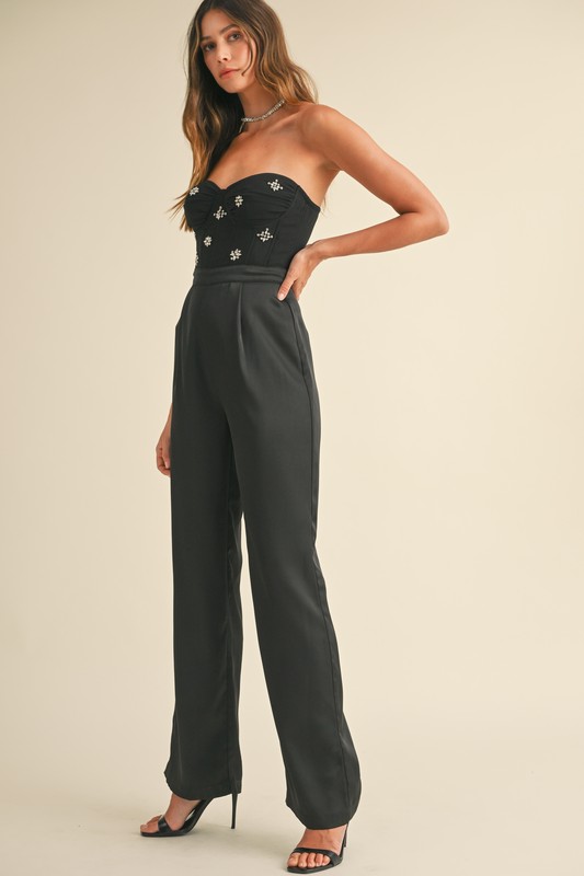 Rhinestone Embellishment Black Jumpsuit