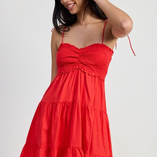 knee length dresses for ladies Whispering Muse Smocked Mini Dress In Red